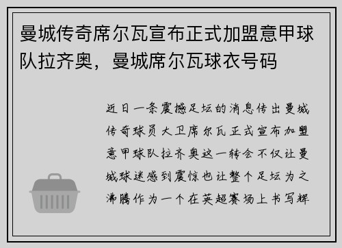 曼城传奇席尔瓦宣布正式加盟意甲球队拉齐奥，曼城席尔瓦球衣号码