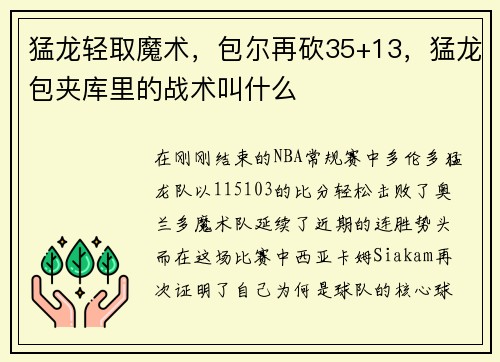 猛龙轻取魔术，包尔再砍35+13，猛龙包夹库里的战术叫什么